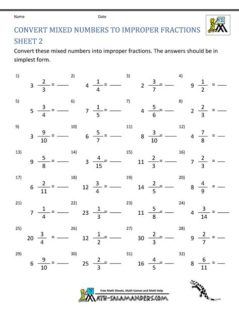Mixed Numbers Into Improper Fractions Worksheet