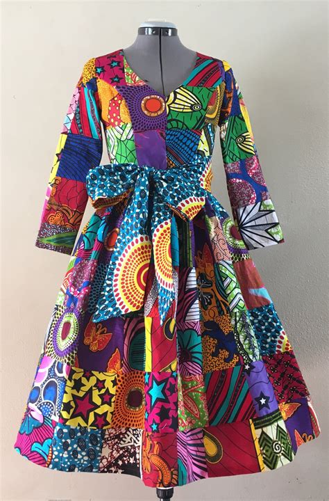 African Wax Print Genuine Patchwork Midi Dress With Pockets Etsy