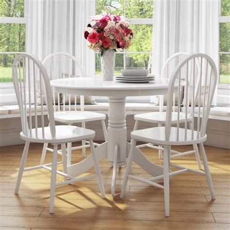 Dining set, (dining table, 4 side chairs & bench) new! Rhode Island 4 Seater Round Table in White with 4 Dining Chairs | Furniture123