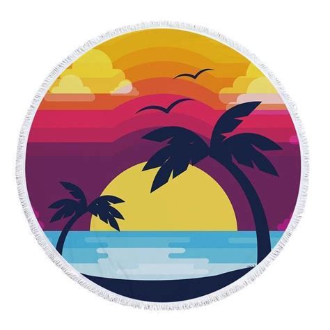 Vintage Sunset Palm Tree Round Beach Towel Beach Illustration Record