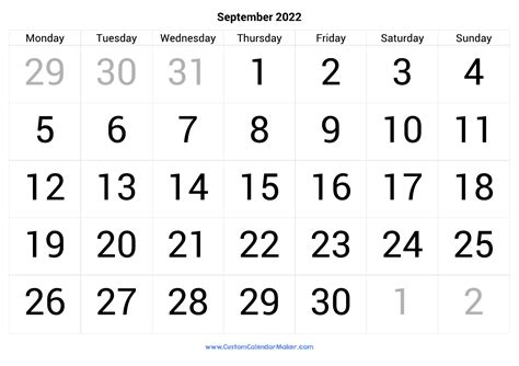 September 2022 Calendar Printable With Large Numbers