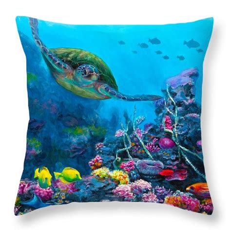 Secret Sanctuary Hawaiian Green Sea Turtle And Reef Throw Pillow For