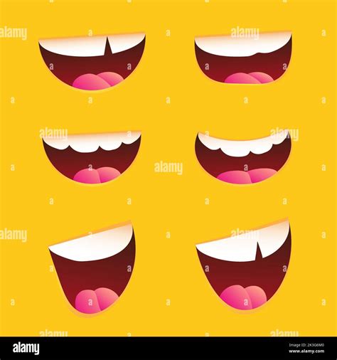 Funny Cartoon Mouths Set With Different Expressions On Yellow Background Smile With Teeth