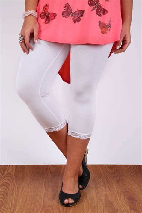 white cotton elastane cropped leggings with lace trim plus size 16 18 20 22 24 26 28 30 32