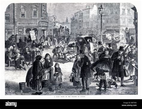 Hard Frost In The Streets Of London 1865 Engraving Of A Victorian