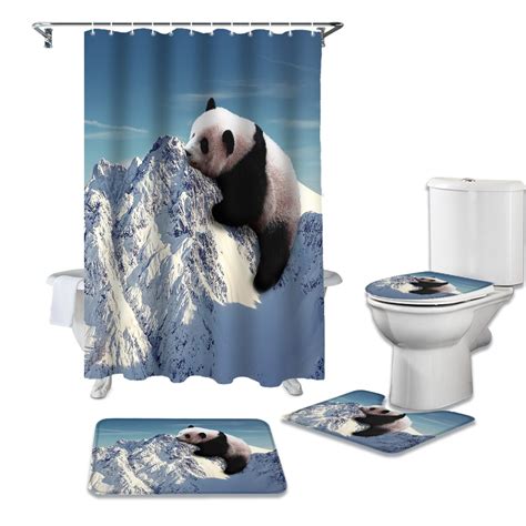 Snow Mountain Panda Funny Waterproof Shower Curtains Set Bathroom