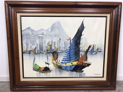 Vintage Original Oil Painting On Canvas Signed P Wong Junk Ships In