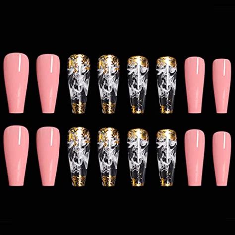 Outyua Smoke Pattern Fake Nails Pink Coffin Extra Long Press On Nails
