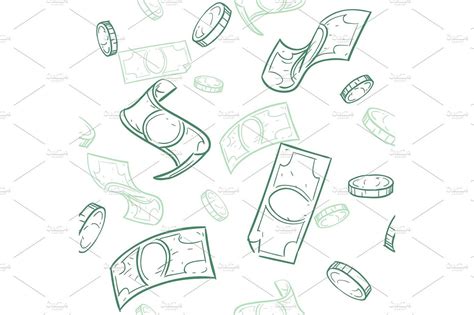 Doodle cash flow. Raining money seamless vector pattern. Falling sketch dollars background by ...