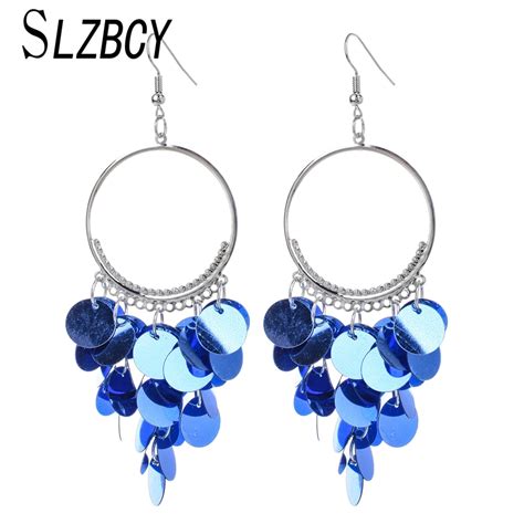 Slzbcy Women Multilayer Smooth Round Blue Sequins Pendant Drop Earring