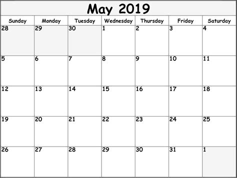 May 2019 Printable Calendar Templates Free Blank Pdf Holidays
