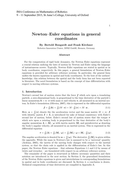 Pdf Newton Euler Equations In General Coordinates