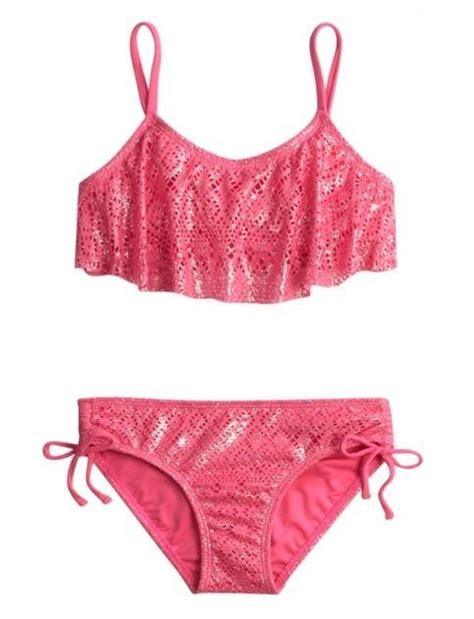 Justice Girls Flounce Bikini Swimsuit Bathing Suit Pink Shimmer 10 12