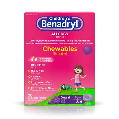 Childrens Benadryl Allergy Chewable Tablets Grape Flavor 20 Ct