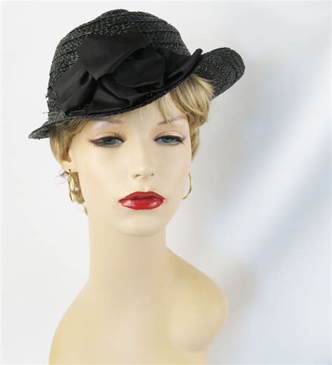 Vintage 1940s Hat Black Straw Wavy Brim Fedora Sz 225 1940s Hats Hats Vintage Fashion
