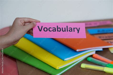 Closeup Students Hand Hold English Vocabulary Word Card Concept