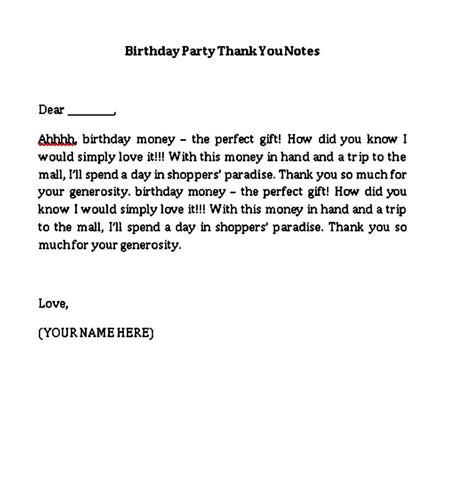 Birthday Thank You Note Sample Template Birthday Party Thank You