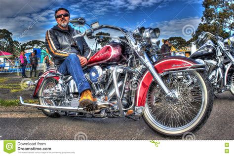 Classic American Harley Davidson Motorcycle And Owner Editorial Stock