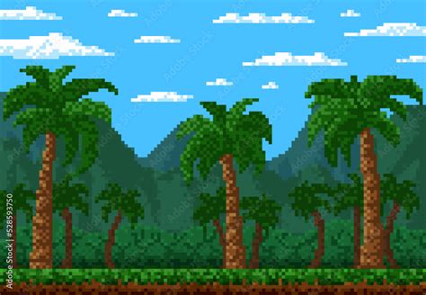 Vecteur Stock Jungle Forest 8 Bit Pixel Game Level Landscape With Palms