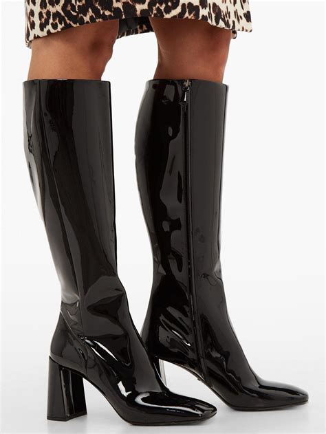 Prada Square Toe Knee High Patent Leather Boots In Black Lyst