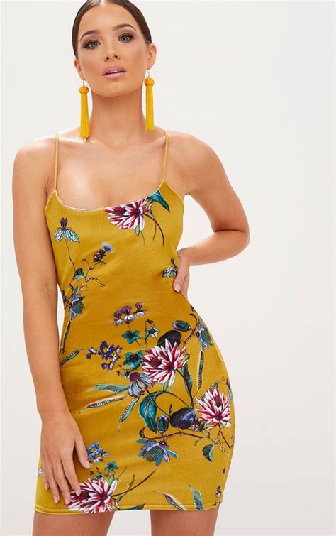 Mustard Floral Velvet Square Neck Spaghetti Strap Bodycon Dress Fashion 2018 Womens Fashion