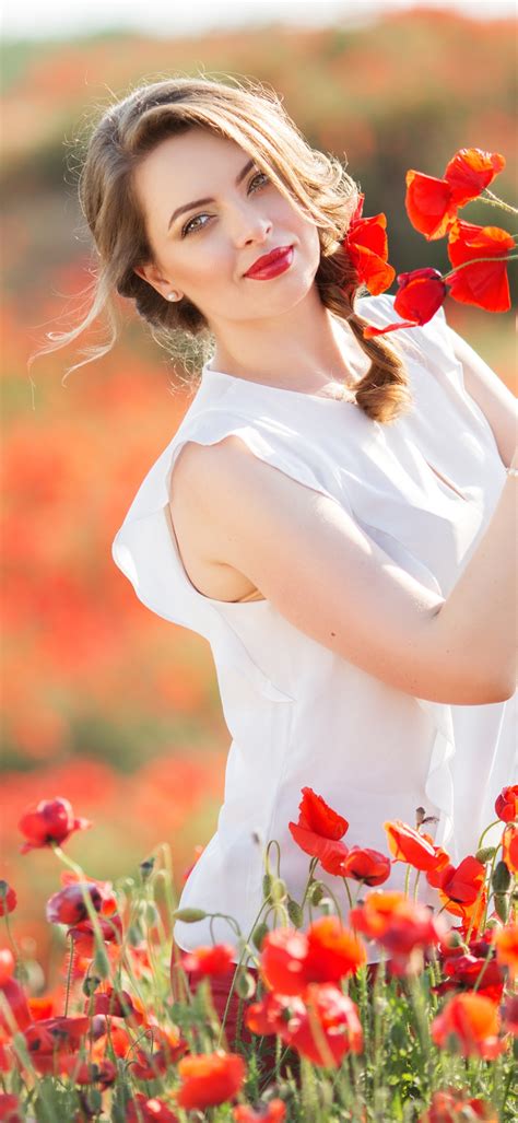 Women Model Braid Flower Poppy Lipstick Blonde 1080x2340 Phone Hd