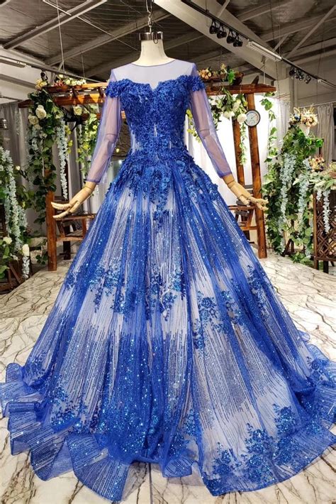 Gorgeous Long Sleeve Sheer Neck Tulle Blue Applique Ball Gown Prom