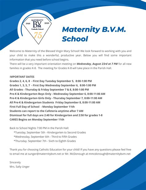 Welcome Letter Maternity Bvm School Philadelphia Pa