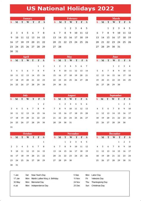 Us National Holidays 2022 Usa Calendar 2022 With National Holidays