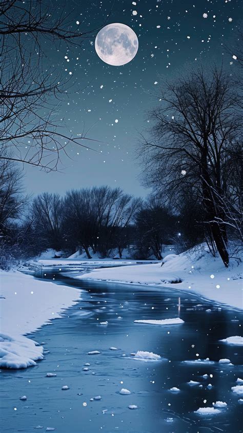 Full Moon Over Winter Landscape Snowy River Night Scene Tranquil
