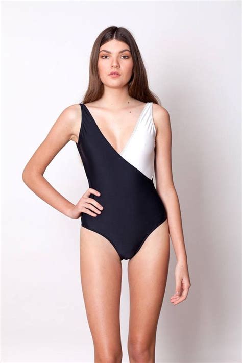 women one piece swimsuit in black and white high waist plunge etsy in 2020 one piece women s