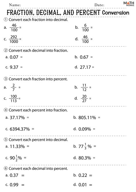 Fractions To Decimals To Percents Worksheets