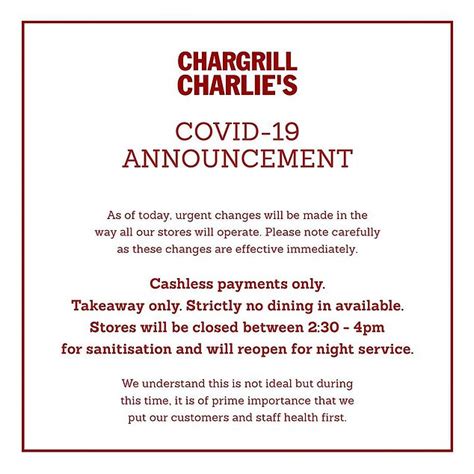 Like your typical formal letter, finish your letter by closing with yours faithfully. NSW chain Chargrill Charlie's will only do takeaways and ...