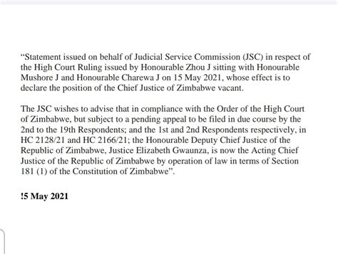 Justice Elizabeth Gwaunza Is The Acting Chief Justice Of Zimbabwe Zimbabwe Situation
