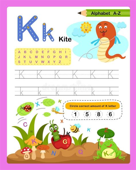 Alphabet Letter K Kite Exercise With Cartoon Vocabulary Illustration