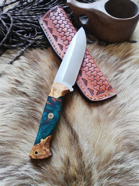 Handmade Knife Epoxy And Padauk Wood Handle Natural Handmade Leather