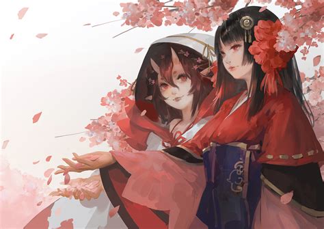 2girls Black Hair Brown Hair Cherry Blossoms Flowers Hoodie Horns