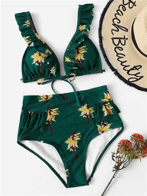 Random Floral Ruffle Top With High Waist Bikini Set Shein Sheinside