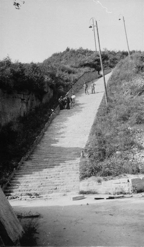 Mauthausen was used for political prisoners. American soldiers and survivors on the stone "stairs of ...