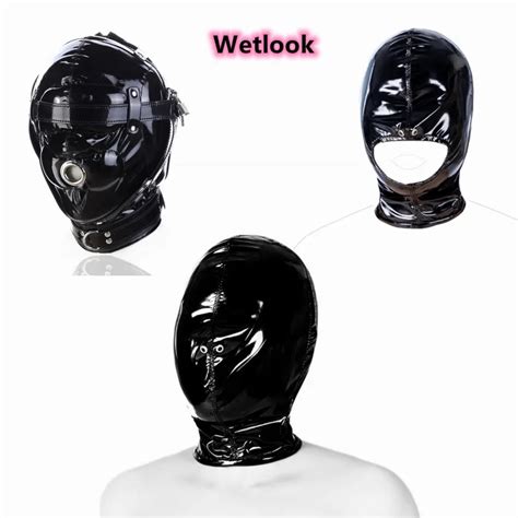 Erotic Accessories Of Sexy Black Wetlook Pvc Latex Bondage Hood Mask