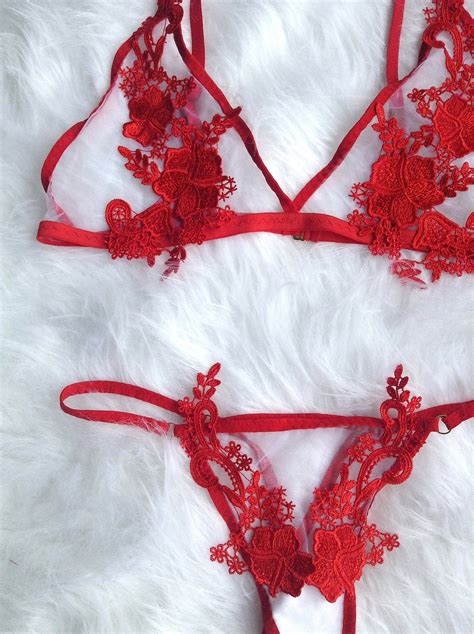 Red Lace Lingerie Set Sheer Lingerie Set See Through Lingerie Set