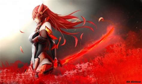 Wallpaper Anime Girl Redhead Bodysuit Fiery Sword Sci Fi