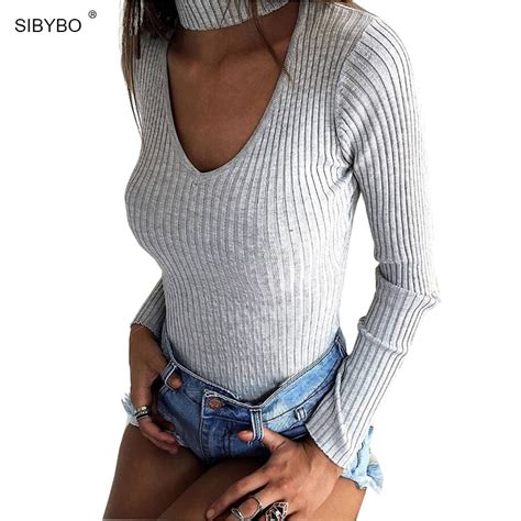 Sibybo Sexy Bodysuits Women 2018 Halter Knitted Autumn Winter Black Slim Bodycon Jumpsuit Romper