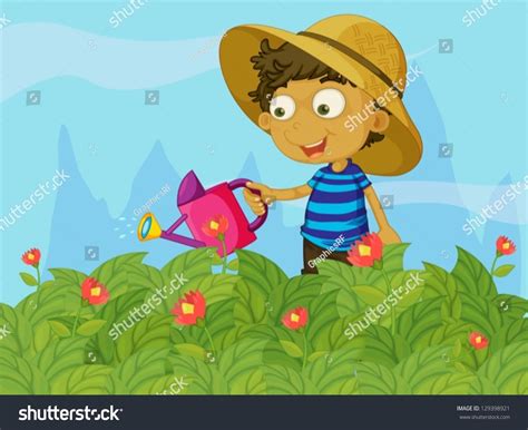 Illustration Boy Watering Plants Garden Stock Vector Royalty Free