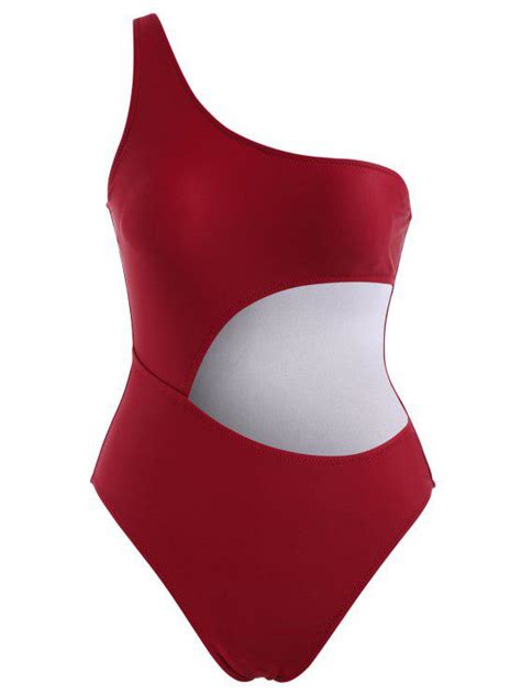 26 Off 2021 Cut Out One Shoulder Swimsuit In Red Wine Zaful