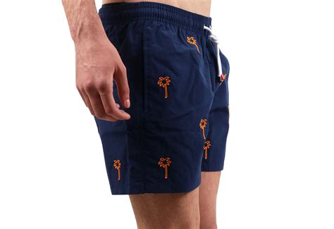 Navy Blue Beach Shorts With Palm Trees Short Broderie Marine Palmier Cala 1789