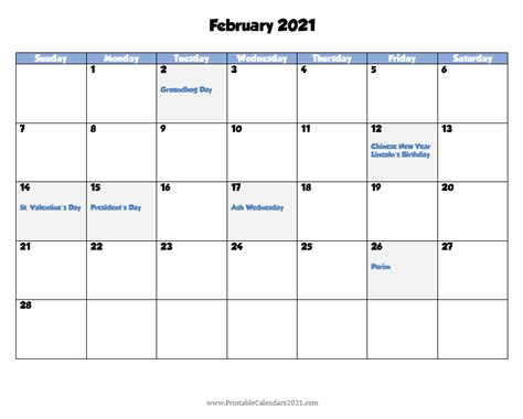 Printable Calendar February 2021 With Holidays Blank