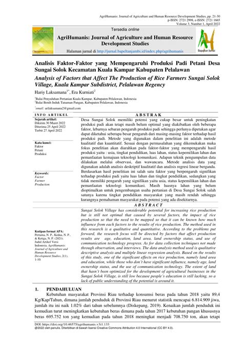 PDF Analisis Faktor Faktor Yang Mempengaruhi Produksi Padi Petani