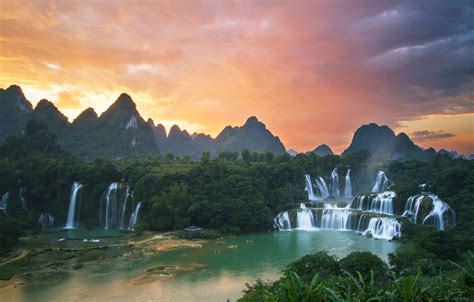 Forest Clouds China Beautiful Pond Sunrise River Sky Waterfall