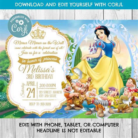Instant Download Snow White Invitation Snow White Birthday Etsy